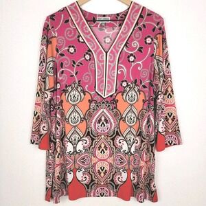 JM Collection Women's Tunic Top 0X Pink Paisley Beaded Boho Glam Whimsical